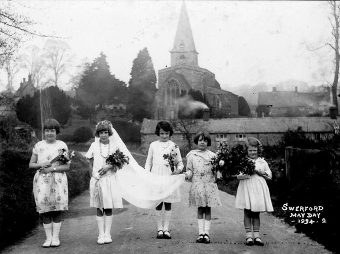 May Queen and retinue at the village of Swerford, May Day 1934